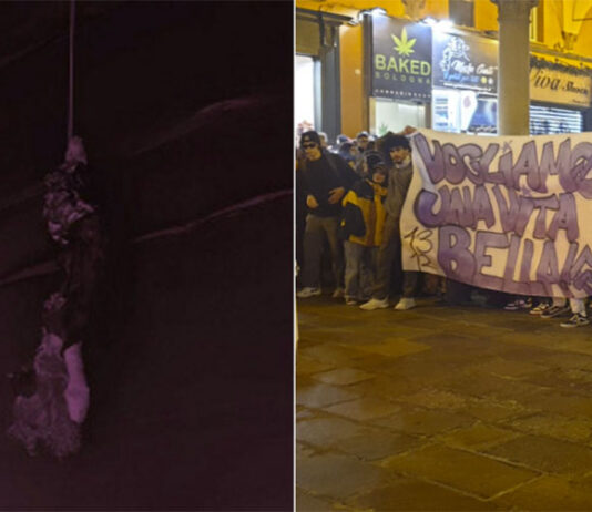 A Bologna i centri sociali appendono un fantoccio di Giorgia Meloni a testa in giù