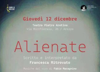 Giovedì 12 dicembre 2024, alle ore 18,30, presso il Teatro Pietro Aretino in via Bicchieraia ad Arezzo: ALIENATE, spettacolo teatrale di e con Francesca Ritrovato, musiche di Fabio Macagnino